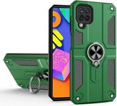 Voor Samsung Galaxy F62 koolstofvezelpatroon pc + TPU-beschermhoes met ringhouder (groen)