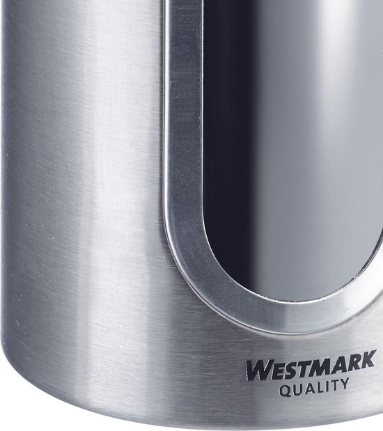 Close-up van de onderkant van een roestvrijstalen voorraadpot met ronding en het "WESTMARK QUALITY" logo.