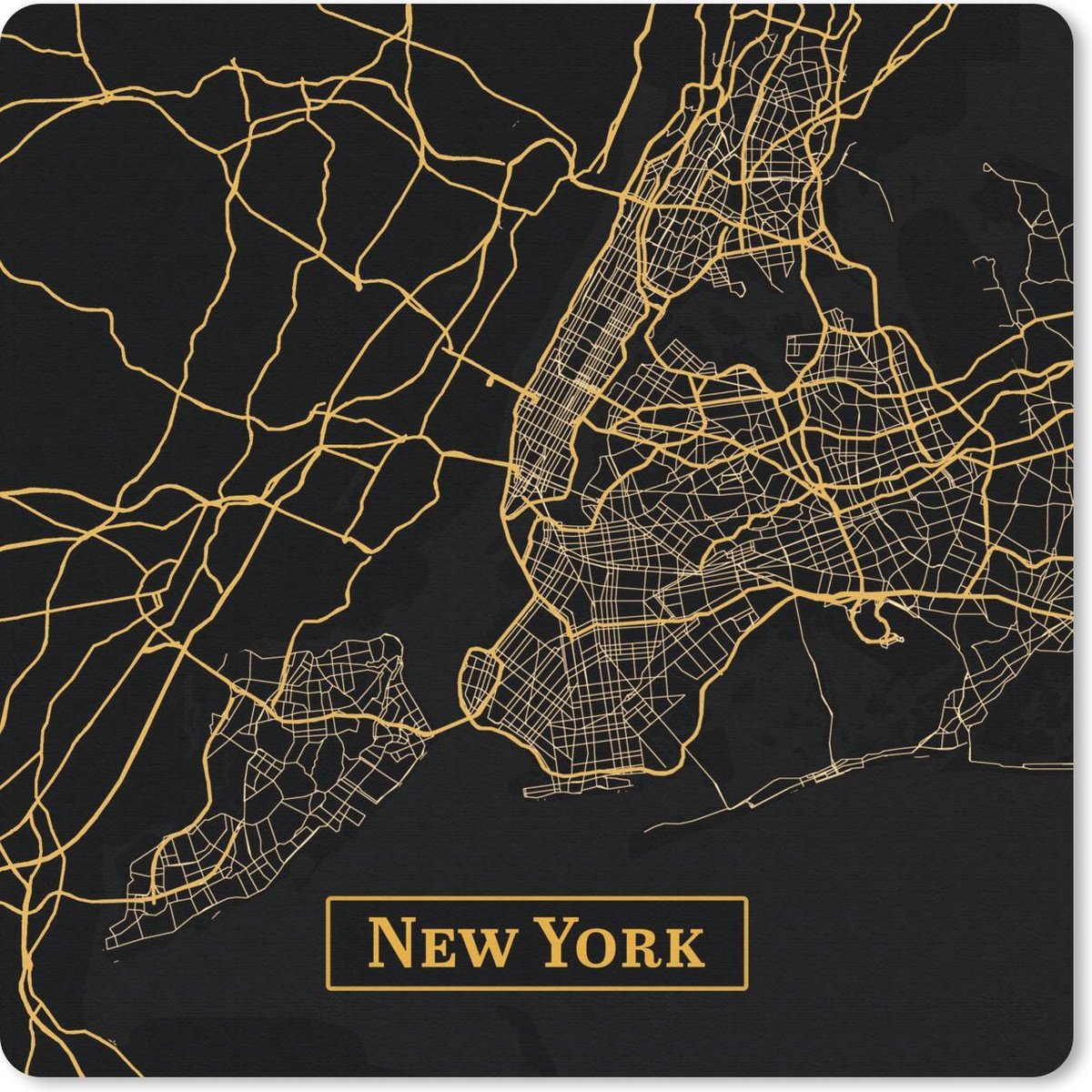 Muismat 20x20 cm - Mousepad Kaart - New York - Goud - Zwart - Muismatten