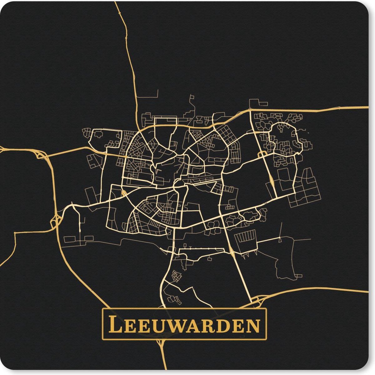 Muismat 30x30 cm - Mousepad Kaart - Leeuwarden - Zwart - Goud - Muismatten