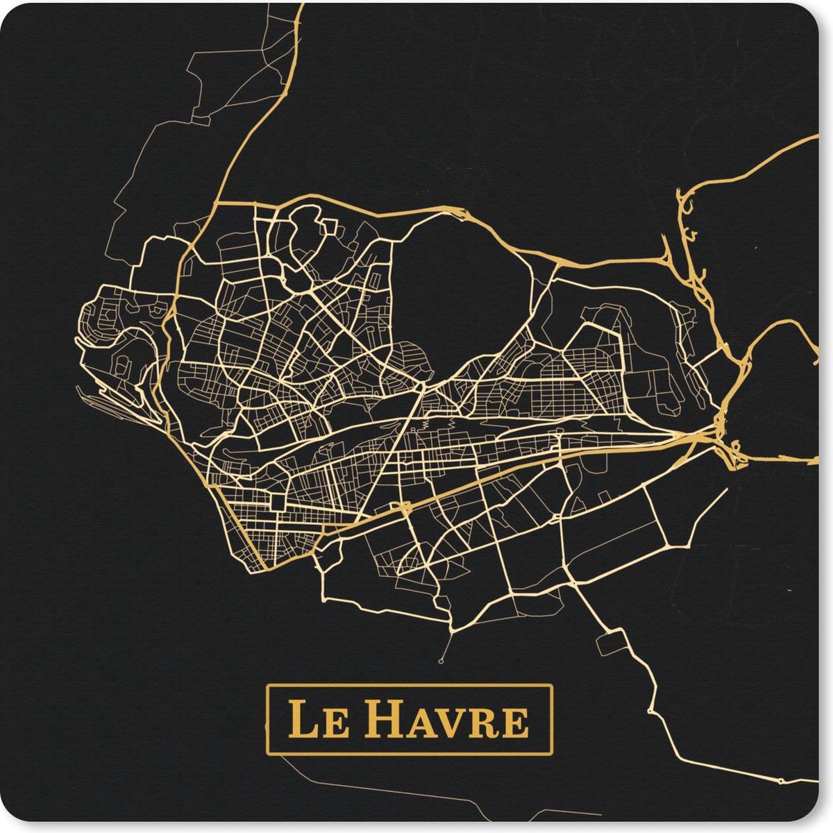 Muismat 20x20 cm - Mousepad Kaart - Le Havre - Goud - Zwart - Muismatten