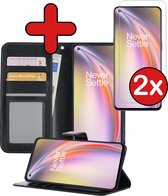 OnePlus Nord CE Hoesje Book Case Hoes Portemonnee Cover Met 2x Screenprotector - OnePlus Nord CE Case Hoesje Wallet Case - Zwart