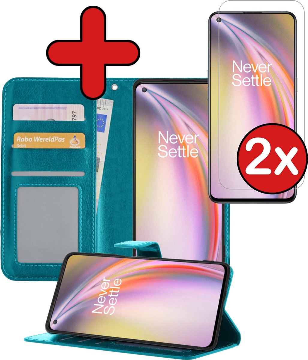 Hoesje - Met 2x Screenprotector - Geschikt voor OnePlus Nord CE - Luxe Pasjeshouder - Flip Case - Bookcase Portemonee - Kunstleer Book Case - Flipcase Hoes - Book Cover - Walletcase - Portemonneehoes - Telefoonhoes - Turquoise