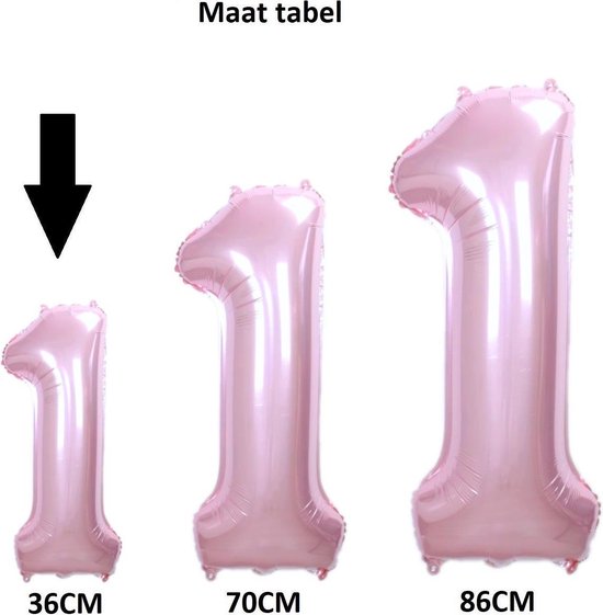 Maattabel met roze cijfer 1 ballonnen van 36cm, 70cm en 86cm.
