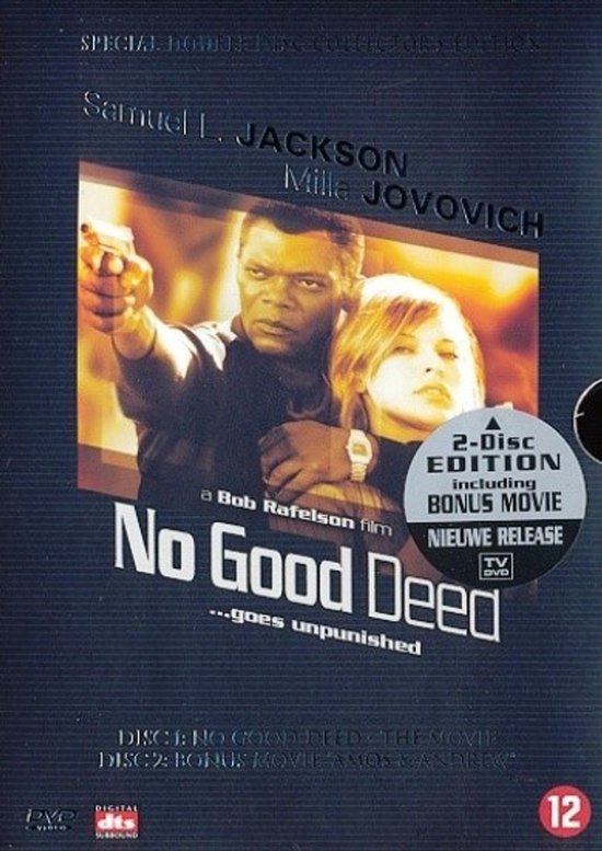 DVD-hoes met Samuel L. Jackson met een pistool en Milla Jovovich. Titel: No Good Deed.