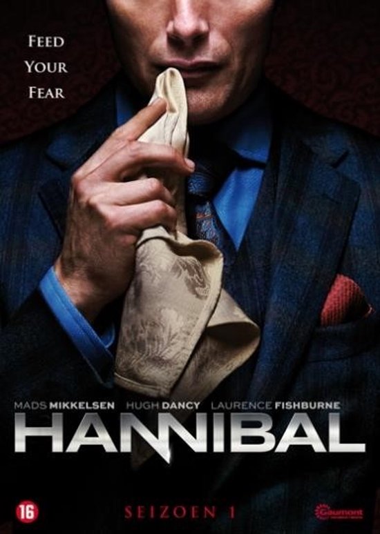 Hannibal - Seizoen 1 DVD hoes met Mads Mikkelsen die een zakdoek vasthoudt. "Feed Your Fear".
