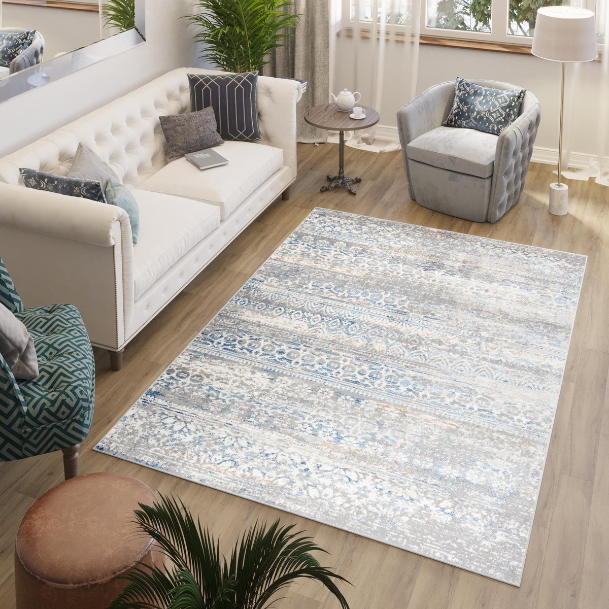Tapiso Valley Vloerkleed Vintage Blauw Grijs Woonkamer Tapijt Maat- 120x170 Beige Blauw1