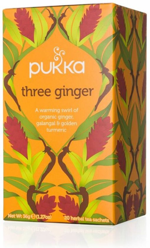 Pukka Three Ginger biologische kruidenthee, 20 zakjes met gember, galanga en kurkuma op oranje verpakking met botanische print.