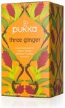 Pukka Three Ginger biologische kruidenthee, 20 zakjes met gember, galanga en kurkuma op oranje verpakking met botanische print.