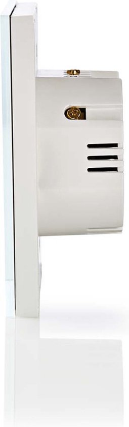 Zijaanzicht van een witte smartwandschakelaar met glazen frontplaat en inbouwbehuizing.