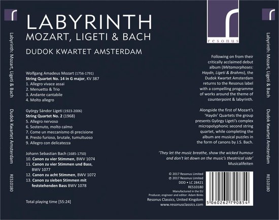 CD hoes met tracklist: Mozart, Ligeti, Bach, Dudok Kwartet Amsterdam, Labyrinth. Met barcode.