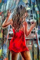 JJ-Art (Aluminium) 90x60 | Vrouw in rode jurk met glas wijn voor het raam, abstract, wookamer - slaapkamer | Groen, blauw, geel, sexy, modern | Foto schilderij print op Dibond / Al