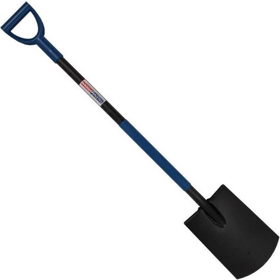 Zwarte spade met blauwe D-greep en blauwe schacht.