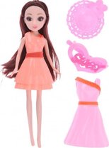pop met extra jurk en acc. oranje/roze 23 cm 5-delig