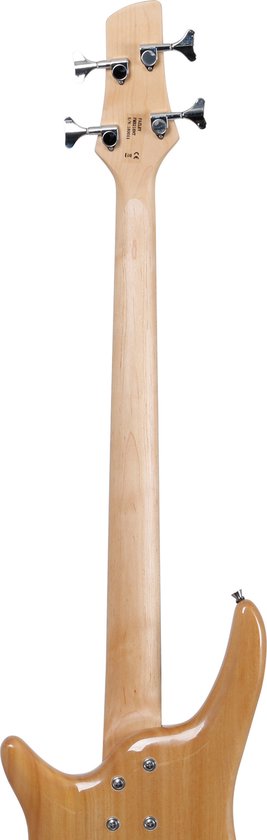 Een lichte houten basgitaar, van de achterkant bekeken. Met een zwarte slagplaat en chromen stemmechanieken.