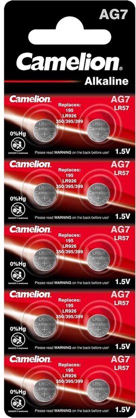 Pile bouton alcaline Camelion WG7 / LR57, 1,5 V, 0% HG - 10 pièces