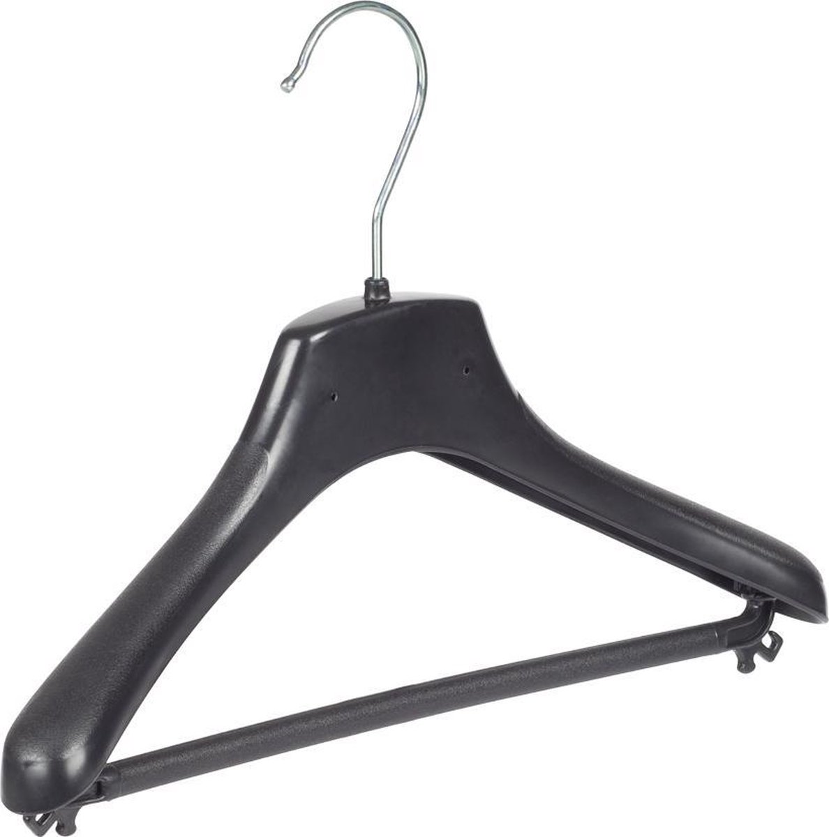 De Kledinghanger Gigant - 10 x Mantelhanger / kostuumhanger / kinderhanger kunststof zwart met schouderverbreding en broeklat, 30 cm