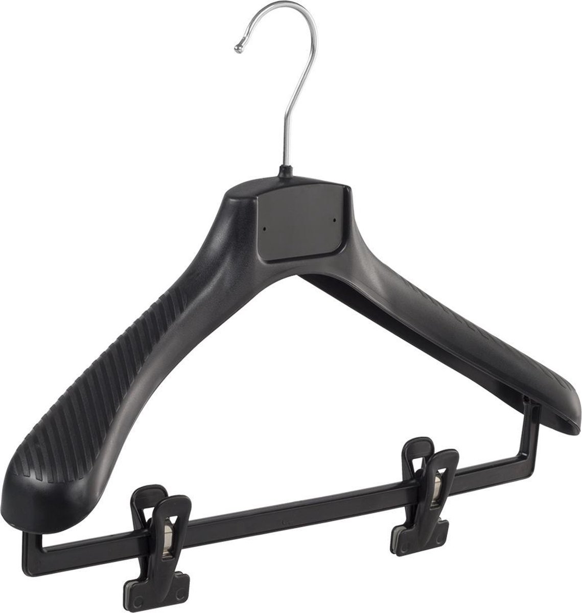 De Kledinghanger Gigant - 10 x Mantelhanger / kostuumhanger kunststof zwart met schouderverbreding en anti-slip knijpers, 39 cm