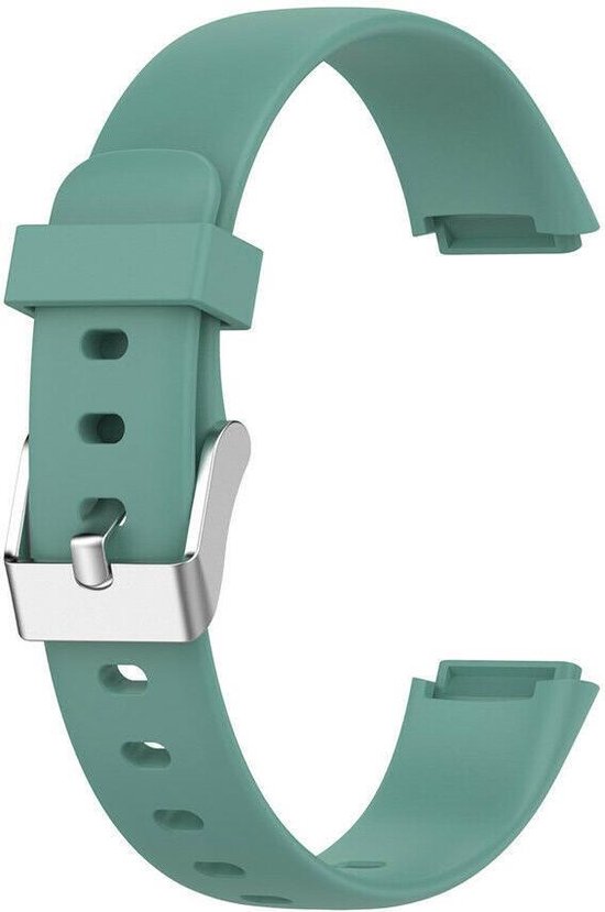Groen siliconen smartwatchbandje met zilverkleurige gesp en verstelbare gaatjes.