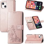 Voor iPhone 13 mini Klavertje Vier Sluiting Reliëf Gesp Mobiele Telefoon Bescherming Lederen Case met Lanyard & Kaartsleuf & Portemonnee & Beugel Functie (Rose Goud)