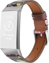 By Qubix - Fitbit Charge 3 & 4 Luxe Lederen bandje - Maat: Small - Bloemenprint roze - Fitbit charge bandje