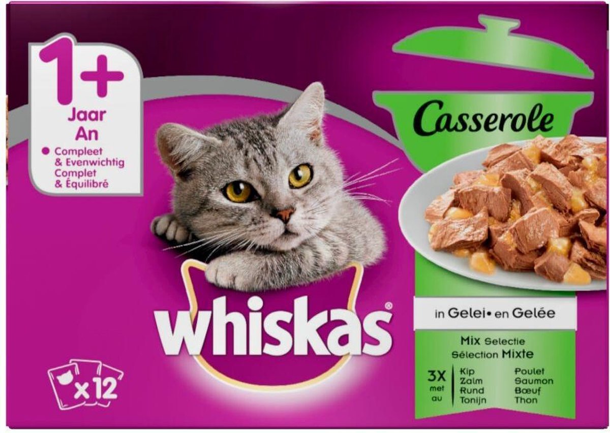 Nathaniel Ward Reflectie Kan worden genegeerd Whiskas 1+ Adult Casserole Katten Natvoer - Mix selectie in Gelei - 48 x 85  gram | bol.com