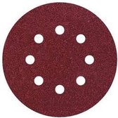 Rood schuurpapier schijf, 125mm, met 8 perforaties in een cirkelvorm.