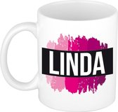 Linda naam cadeau mok / beker met roze verfstrepen - Cadeau collega/ moederdag/ verjaardag of als persoonlijke mok werknemers