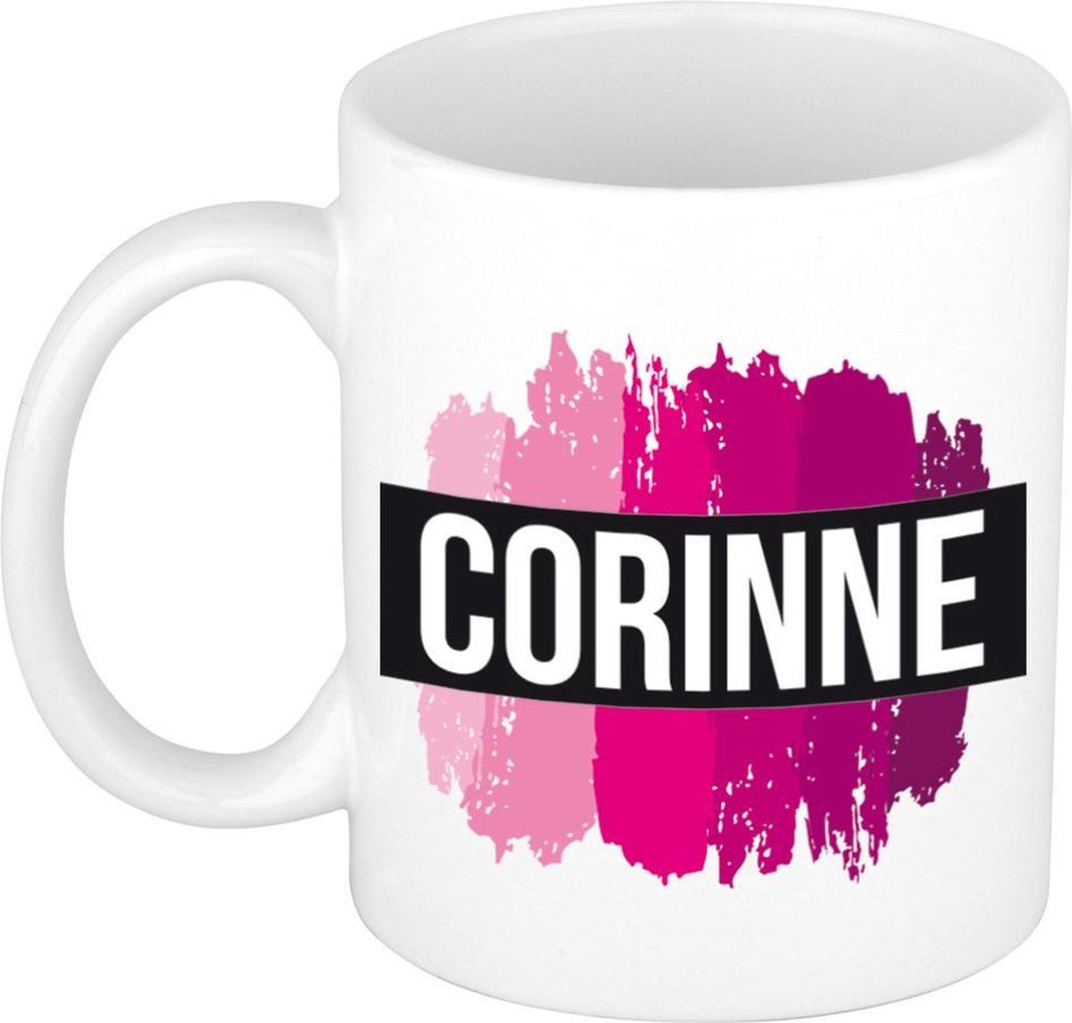 Corinne naam cadeau koffie mok - beker - met roze verfstrepen - Cadeau collega - moederdag - verjaardag - juf - coach - 300 ml - wit