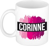 Corinne  naam cadeau mok / beker met roze verfstrepen - Cadeau collega/ moederdag/ verjaardag of als persoonlijke mok werknemers