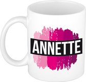 Annette  naam cadeau mok / beker met roze verfstrepen - Cadeau collega/ moederdag/ verjaardag of als persoonlijke mok werknemers