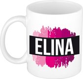 Elina  naam cadeau mok / beker met roze verfstrepen - Cadeau collega/ moederdag/ verjaardag of als persoonlijke mok werknemers