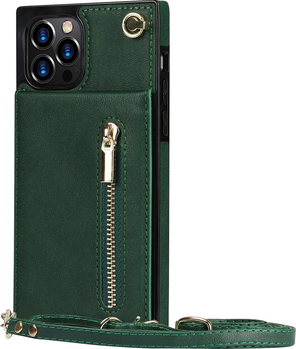 Hoesje geschikt voor iPhone X - Backcover - Pasjeshouder - Portemonnee - Koord - Kunstleer - Groen