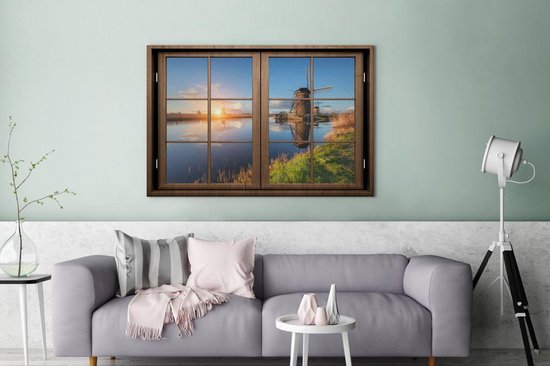 Canvas schilderij 120x80 cm - Wanddecoratie Doorkijk - Molen - Zonsondergang - Muurdecoratie woonkamer - Slaapkamer decoratie - Kamer accessoires - Schilderijen op canvas