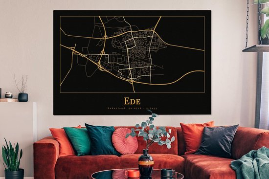 Toile Peinture Carte - Ede - Zwart - Or - 180x120 cm - Décoration murale XXL