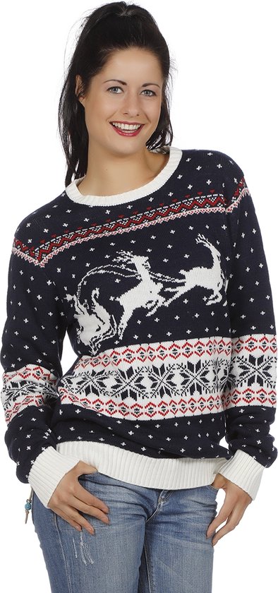 Mauvais pull de Noël bleu avec traîneau pour adultes