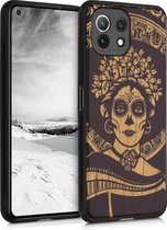 kwmobile telefoonhoesje compatibel met Xiaomi 11 Lite (5G) NE / Mi 11 Lite (5G) - Hoesje met bumper in lichtbruin / zwart - kersenhout - Diá de los Muertos design