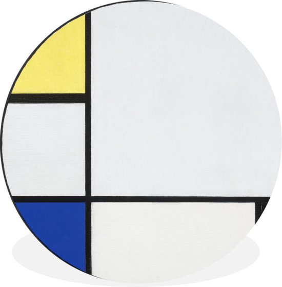 WallCircle - Wandcirkel - Muurcirkel - Compositie met geel, blauw en zwart - Piet Mondriaan - Aluminium - Dibond - ⌀ 60 cm - Binnen en Buiten