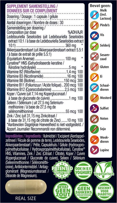 Informatiepagina van Lucovitaal Haar Volume capsules, met een pil aan de onderkant.