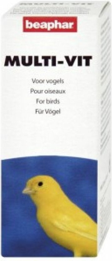 Verpakking Beaphar Multi-Vit met een gele kanarie tegen een blauwe achtergrond.