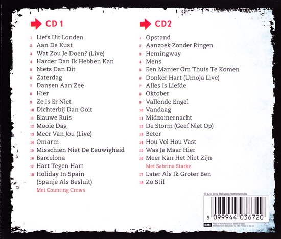 Achterkant van de CD-hoes met twee lijsten met nummers, genaamd CD 1 en CD 2, en de titel 'HIER HET BESTE VAN 20JAAR BLØF'.