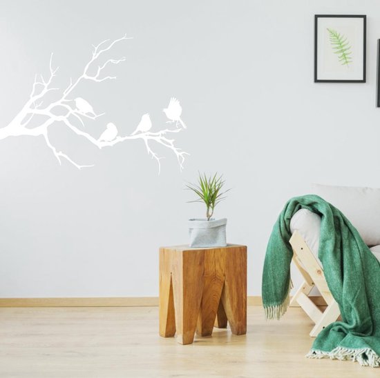 Muursticker Vogels Op Tak - Wit - 60 x 45 cm - slaapkamer woonkamer dieren