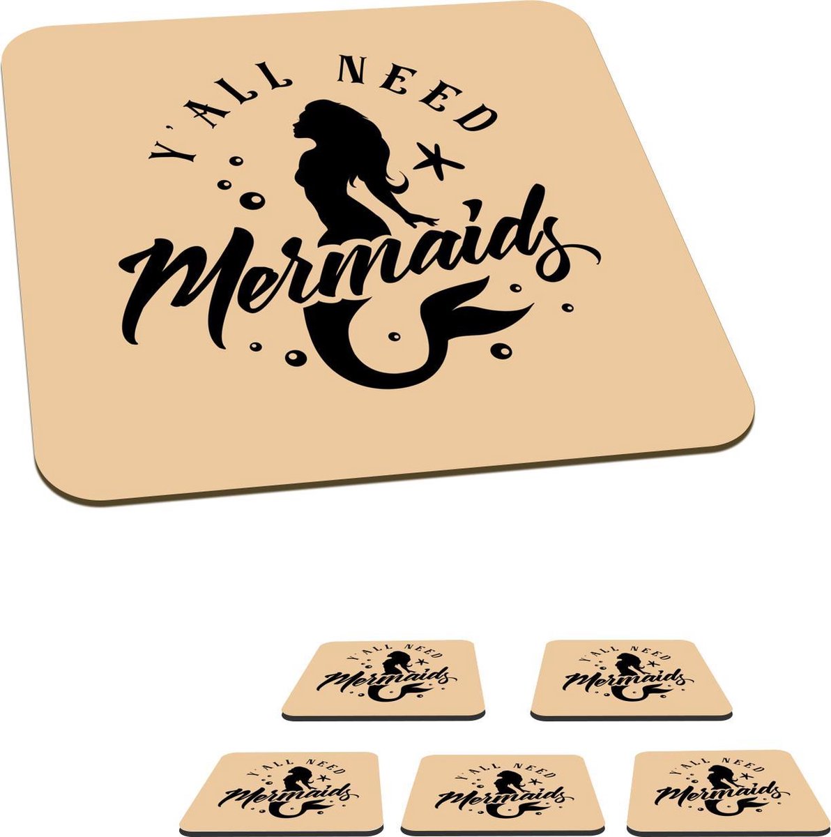 Onderzetters voor glazen - Zeemeermin - Quotes - Silhouet - 10x10 cm - Glasonderzetters - 6 stuks