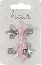 Haarspeldjes duckclip 4.0cm Ster met Strik - Zilver/Roze - 2 stuks