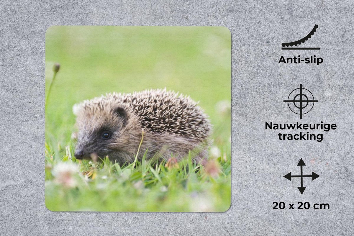 Muismat 20x20 cm - Mousepad Egel - Gras - Bloemen - Muismatten