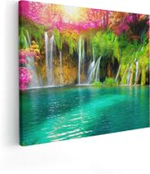 Artaza Canvas Schilderij Waterval Met Roze En Groene Bloemen - 100x80 - Groot - Foto Op Canvas - Canvas Print