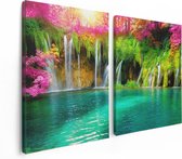 Artaza - Diptyque de peinture sur toile - Cascade avec des Fleurs roses et vertes - 120x80 - Photo sur toile - Impression sur toile