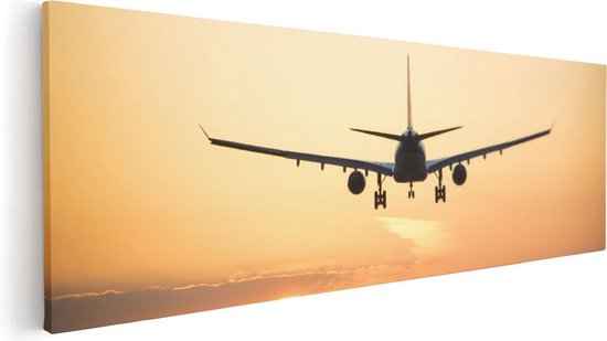 Artaza Canvas Schilderij Vliegtuig Landt Tijdens Zonsondergang - 120x40 - Groot - Foto Op Canvas - Canvas Print