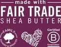 Logo's van Shea Moisture: 'made with FAIR TRADE SHEA BUTTER', 'Founded & Operated Family', 'Community Commerce', 'Certified B Corporation'.
