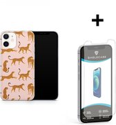 ShieldCase Wild Panther geschikt voor Apple iPhone 12 / 12 Pro hoesje - lichtroze + glazen Screen Protector